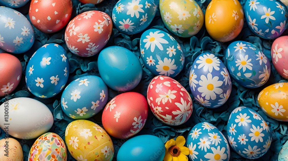 colorful easter eggs with spring flowers on a blue background festive holiday design colorful easter eggs with spring flowers on a blue background festive holiday design