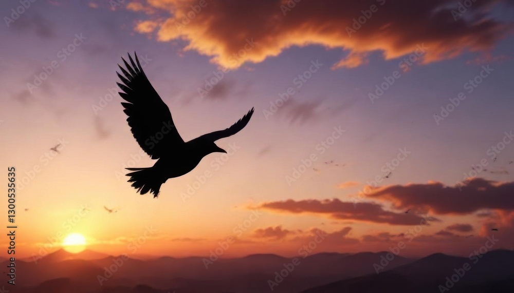 Obraz premium Dark silhouette of flying bird against sunset sky, landscape, birds, sunset