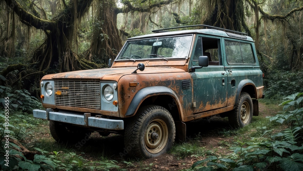 Classic Safari Vehicle. Dusty Off-Road Car in Lush Jungle Environment, ready for adventure Classic Safari Vehicle. Dusty Off-Road Car in Lush Jungle Environment, ready for adventure