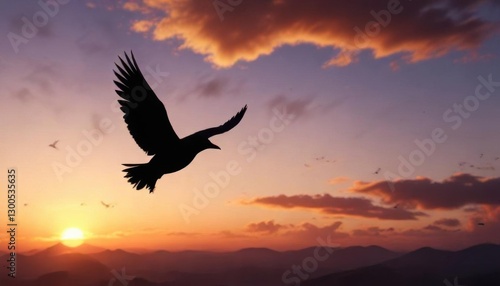 Dark silhouette of flying bird against sunset sky,  landscape, birds,  sunset