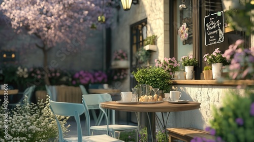 cozy outdoor cafe filled with the aroma of fresh spring flowers.
