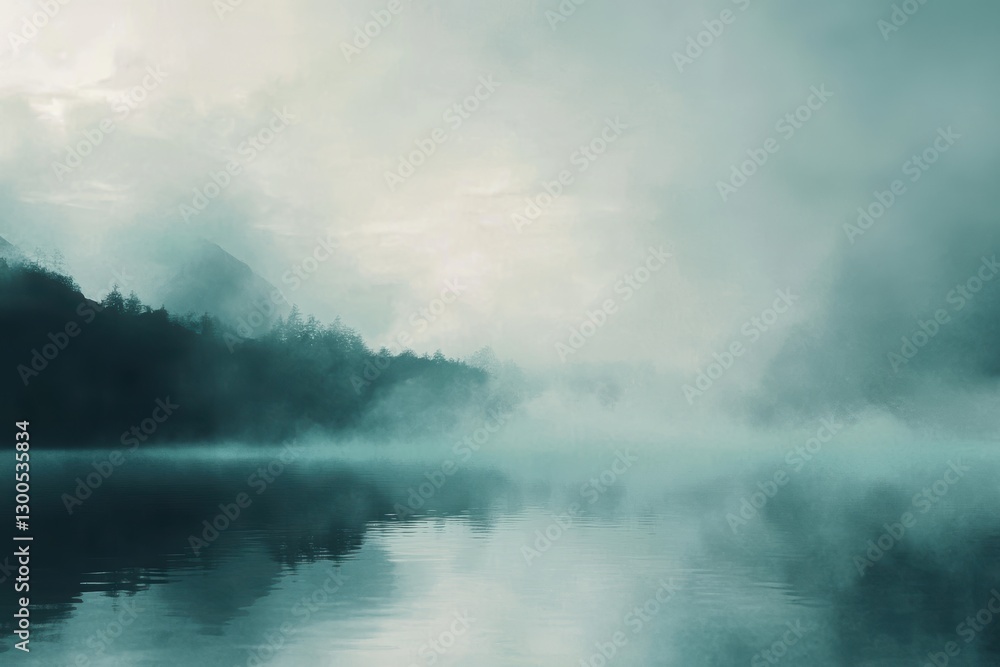 Serene Foggy Landscape Over Calm Water at Dusk in Nature's Embrace Serene Foggy Landscape Over Calm Water at Dusk in Nature's Embrace