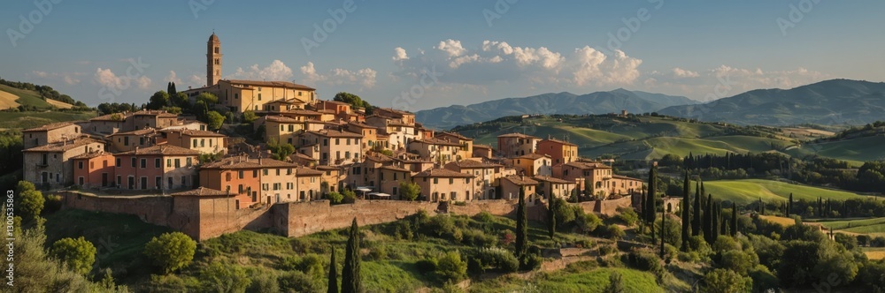 Tuscan Village Landscape with Rolling Hills and Tower. Rural Tranquility Tuscan Village Landscape with Rolling Hills and Tower. Rural Tranquility