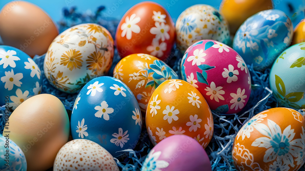 colorful easter eggs with spring flowers on a blue background festive holiday design colorful easter eggs with spring flowers on a blue background festive holiday design