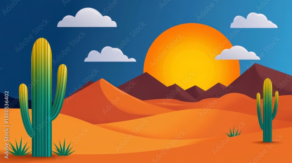 Pixel Art Desert Sunset Landscape with Cacti and Mountains Pixel Art Desert Sunset Landscape with Cacti and Mountains