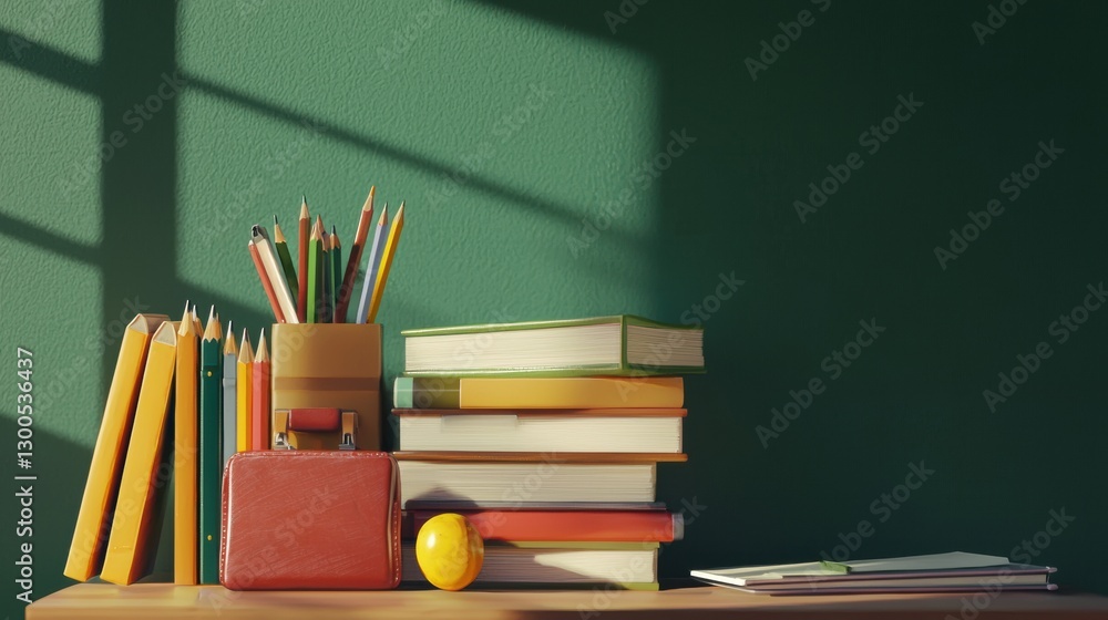 A neat pile of schoolbooks with a pencil case and pens beside them, arranged on a desk in front of a calming green chalkboard backdrop A neat pile of schoolbooks with a pencil case and pens beside them, arranged on a desk in front of a calming green chalkboard backdrop
