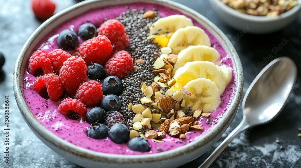 acai bowl topped with fresh fruit, nuts, and seeds for a nutrient-dense breakfast. acai bowl topped with fresh fruit, nuts, and seeds for a nutrient-dense breakfast.