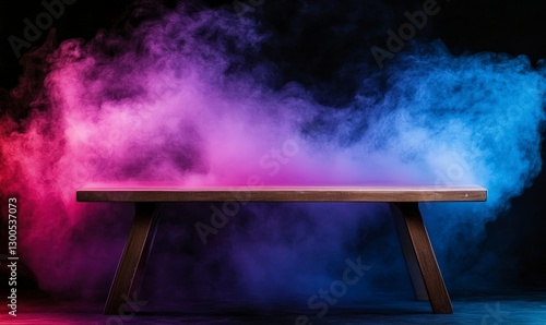 black background with colorful smoke at the bottom, a wooden table in front of it, and a gradient color scheme at night