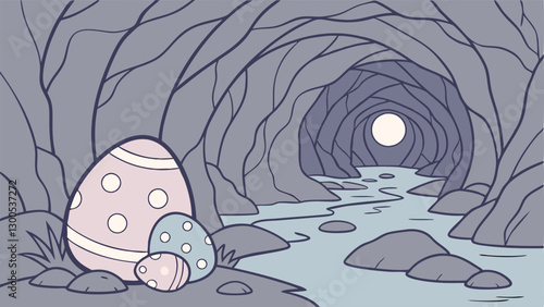 Crystal Cave Easter Background with Glowing Gem-Like Eggs, Sparkling Stalactites, Reflective Water Pools, Soft Moonlight, Shimmering Rocks, and a Magical Underground Scene for Fantasy Art