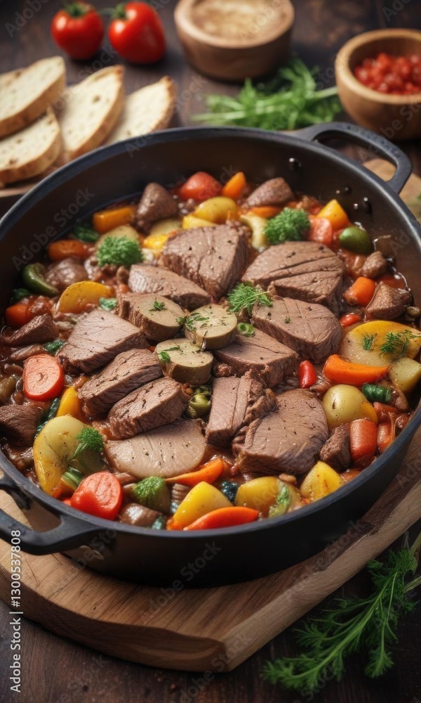 Hearty Maultasche filled with saut?ed beef and vegetables served in a sizzling pan, kitchen, vegetable, meat Hearty Maultasche filled with saut?ed beef and vegetables served in a sizzling pan, kitchen, vegetable, meat