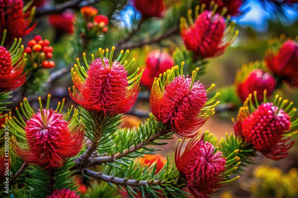 Western Australia's surreal wildflowers: vibrant red blooms juxtapose fir-like branches. Western Australia's surreal wildflowers: vibrant red blooms juxtapose fir-like branches.