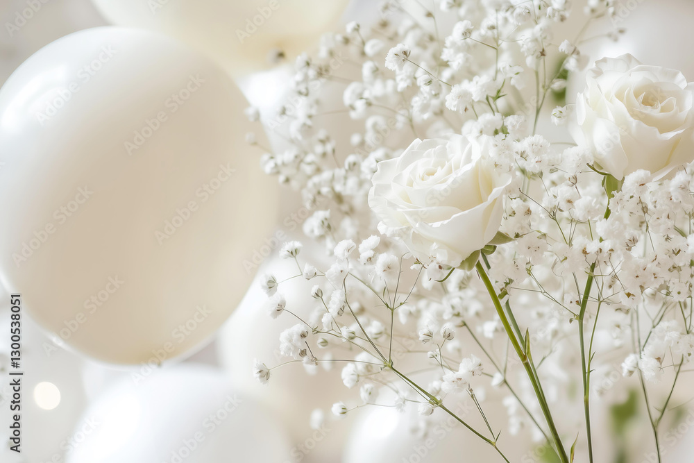 Fototapeta premium Close-up of delicate white roses and baby's breath flowers intertwined with soft, floating white balloons. 