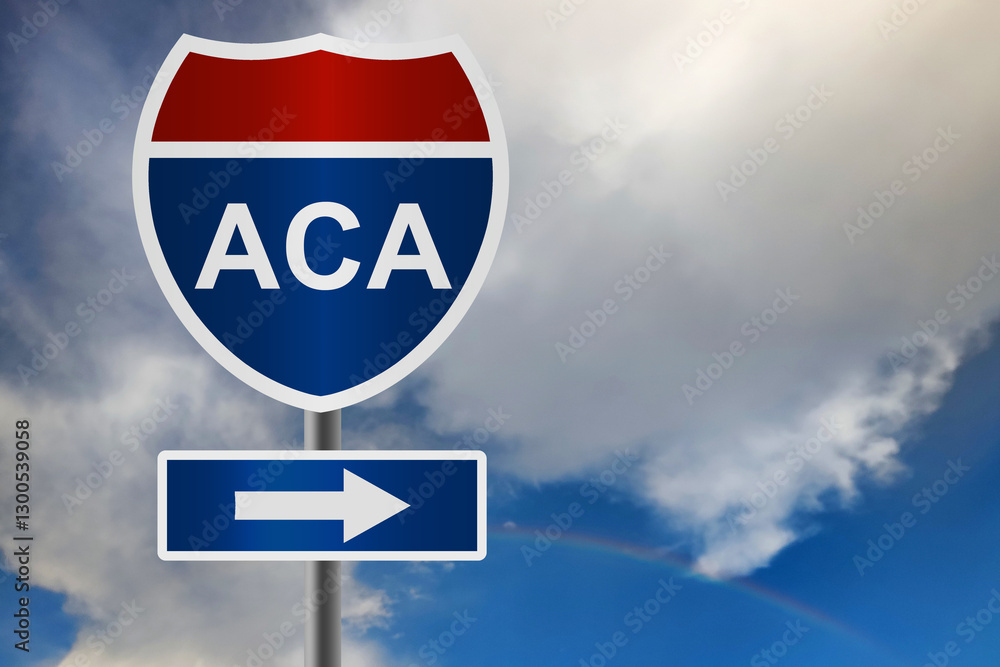 ACA Affordable Care America word with red and blue road sign ACA Affordable Care America word with red and blue road sign