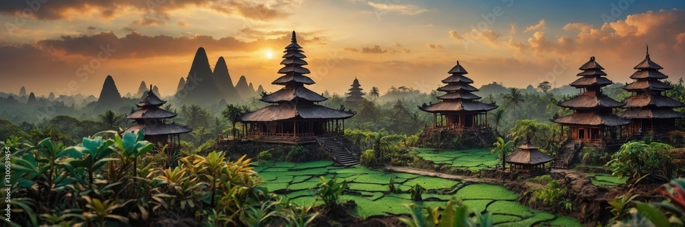 Fototapeta premium Bali Temples Sunrise. Serene Rice Terraces and Pagodas in Tranquil Landscape at Dawn with Scenic Beauty