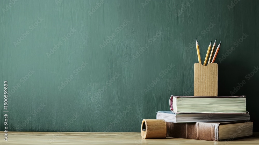 A simple desk setup with a pencil sharpener, eraser, and a stack of books, with a muted green chalkboard-colored background for a professional look. A simple desk setup with a pencil sharpener, eraser, and a stack of books, with a muted green chalkboard-colored background for a professional look.