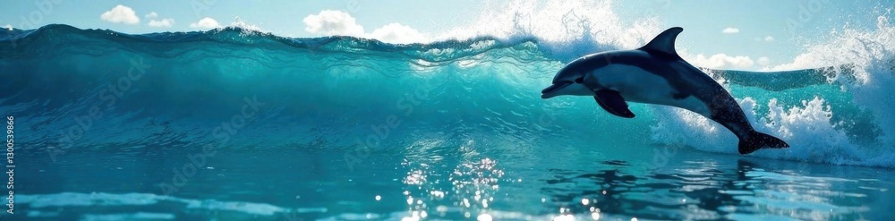 Naklejka premium Ocean waves with shadow of dolphin jumping, dolphin, shadow