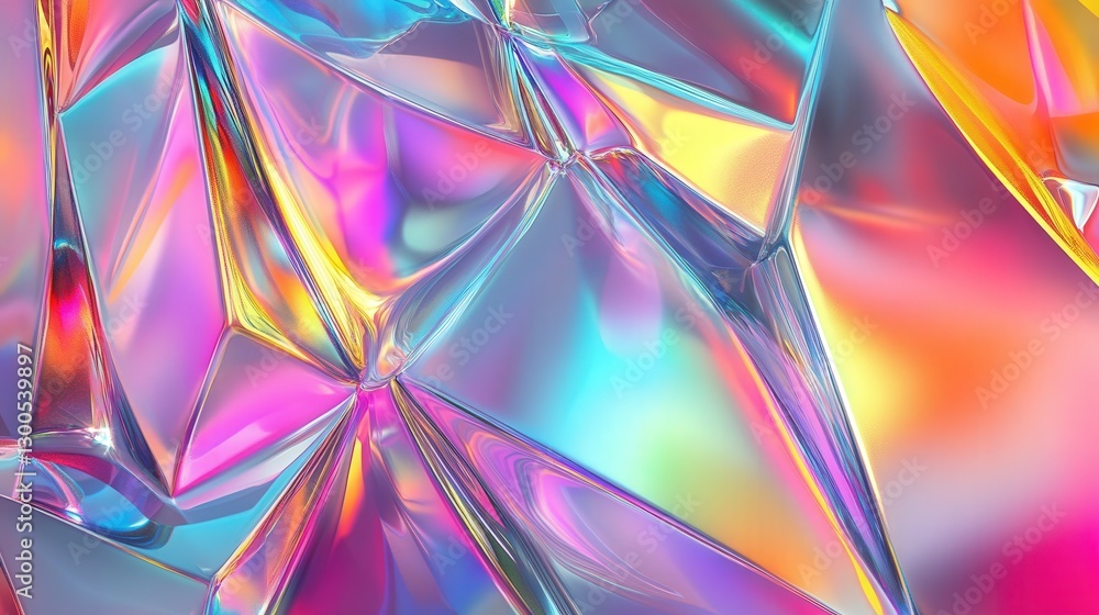 glassy iridescent pattern with smooth and sharp edges refracting light into multicolored, prismatic tones glassy iridescent pattern with smooth and sharp edges refracting light into multicolored, prismatic tones