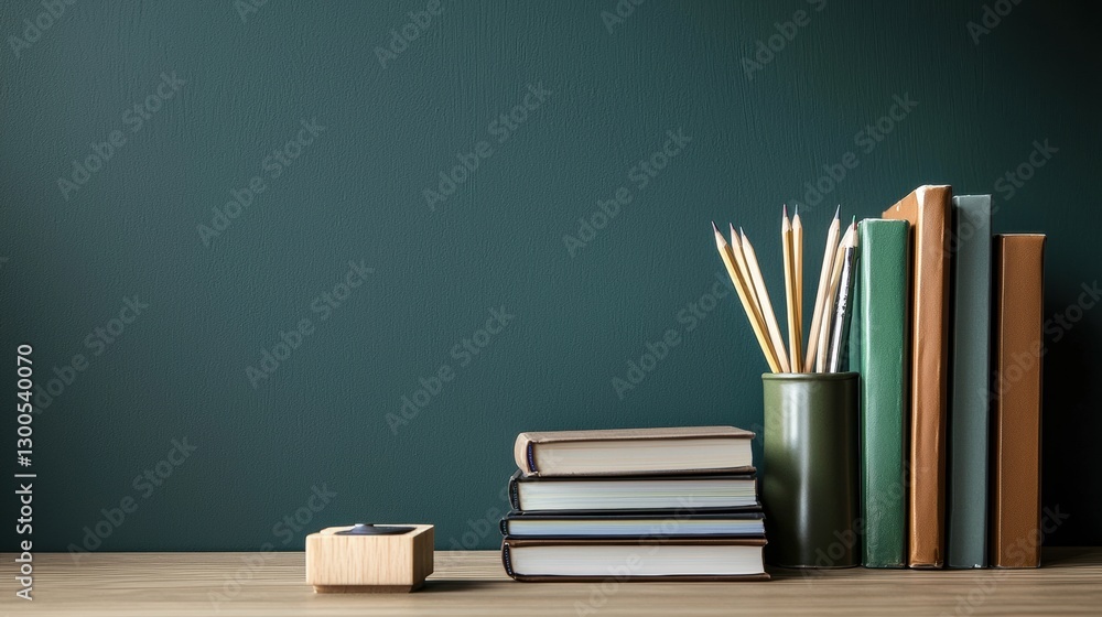 A simple desk setup with a pencil sharpener, eraser, and a stack of books, with a muted green chalkboard-colored background for a professional look. A simple desk setup with a pencil sharpener, eraser, and a stack of books, with a muted green chalkboard-colored background for a professional look.