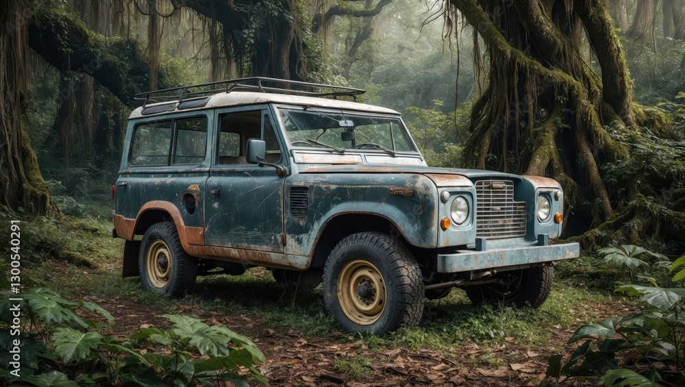 Fototapeta premium Vintage Off-Road Vehicle in Jungle, Ready For Adventure and Exploration
