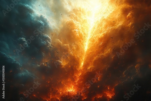 a dramatic vertical composition split between a luminous celestial realm with golden light and floating angels above and a dark underworld with fire and shadowy figures below
