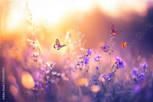 Wallpaper Mural a dreamy meadow at golden hour delicate purple wildflowers swaying among tall grass butterflies dancing in ethereal sunbeams soft bokeh effect ethereal atmosphere Torontodigital.ca