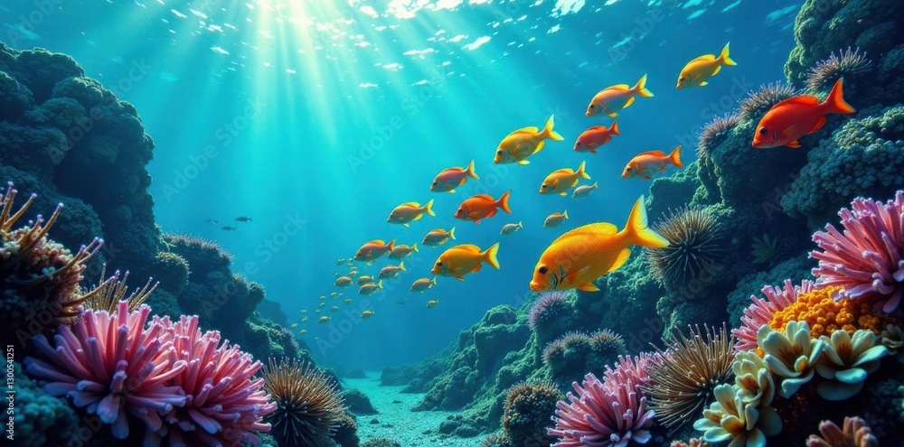 Obraz premium School of colorful fish swimming in ocean waves, ocean waves, marine animals