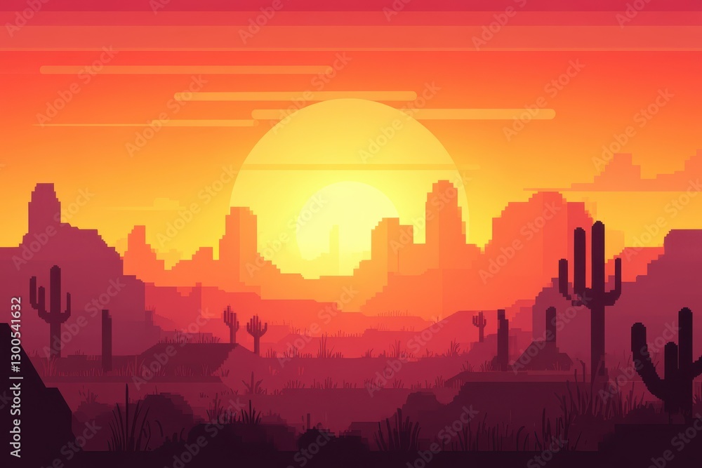 Obraz premium Vibrant Pixel Art Sunset Over a Desert Landscape with Silhouetted Cacti, Scenic Mountain Range, and Warm Color Palette in a Retro Style