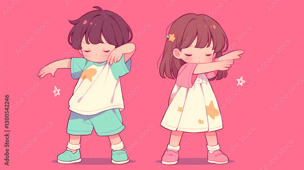Two children dancing joyfully in colorful outfits against a vibrant pink background with stars Two children dancing joyfully in colorful outfits against a vibrant pink background with stars