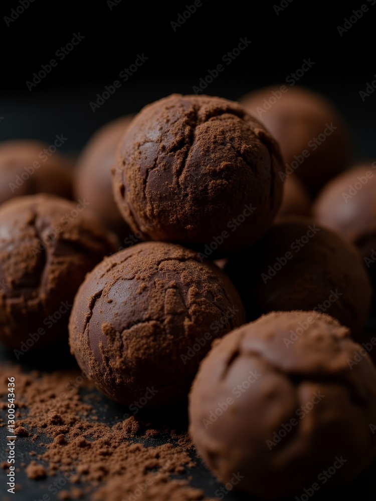 Chocolate Truffles Coated in Cocoa Powder on Dark Surface in Soft Natural Light Chocolate Truffles Coated in Cocoa Powder on Dark Surface in Soft Natural Light