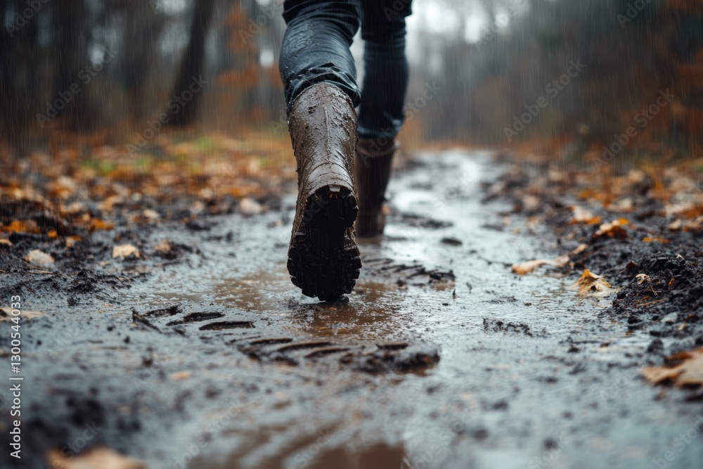 Walking on a muddy path on a rainy day. Person wearing boots, with mud covering their footwear while they walk through the woods. Walking on a muddy path on a rainy day. Person wearing boots, with mud covering their footwear while they walk through the woods.