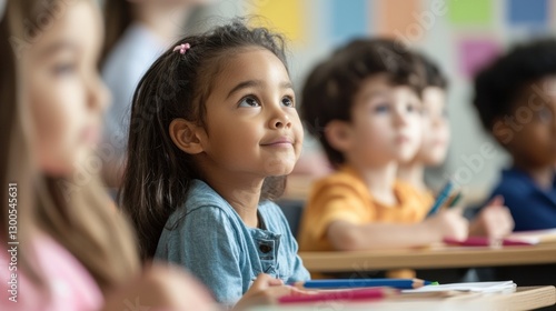 A group of diverse elementary school children sitting in a classroom with desks, books, and pencils, listening to a lesson from their teacher