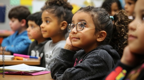 A group of diverse elementary school children sitting in a classroom with desks, books, and pencils, listening to a lesson from their teacher