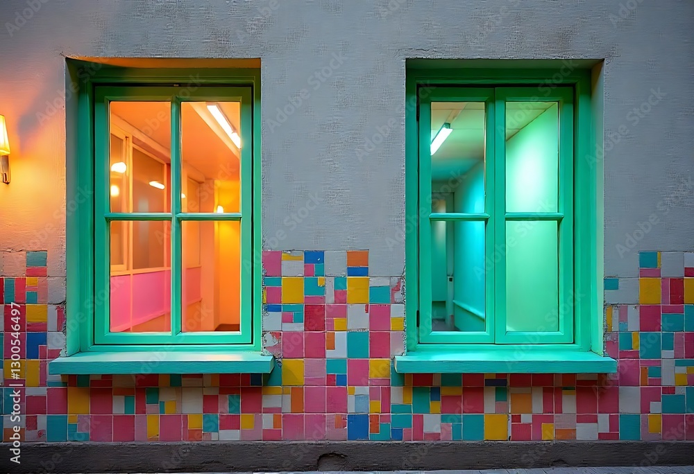 Obraz premium Architectural Color Play: Orange and Blue Window Frames