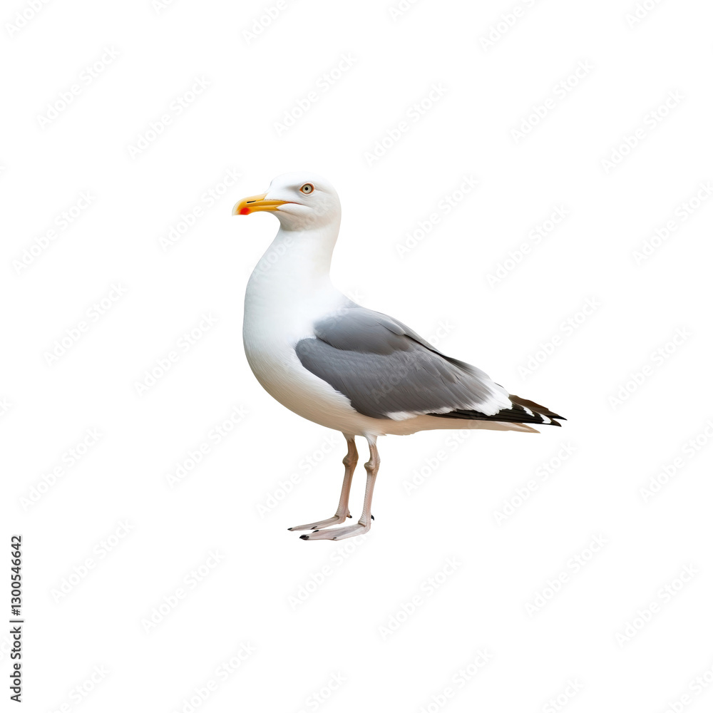 Elegant Seagull Standing on One Leg with Coastal Background Elegant Seagull Standing on One Leg with Coastal Background