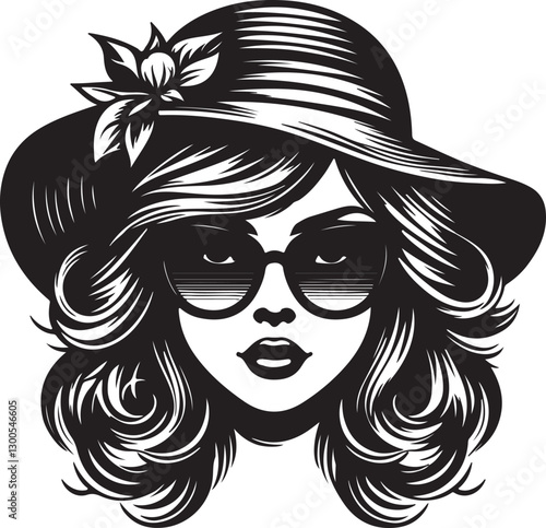 Beautiful A girl with sunglasses on her eyes and a hat on her head black vector