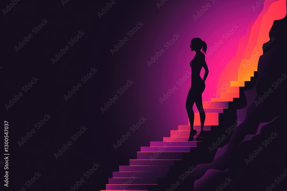 Woman Silhouette on Stairs with Vibrant Color Gradient Background Emphasizing Growth, Journey, and Transformation in a Modern Artistic Style Woman Silhouette on Stairs with Vibrant Color Gradient Background Emphasizing Growth, Journey, and Transformation in a Modern Artistic Style