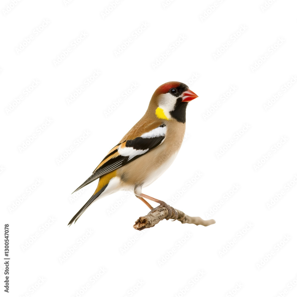 Fototapeta premium Colorful Goldfinch Perched on Branch Against White Background