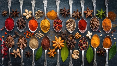 Rustic Spoon Arrangement with Bright, Aromatic Spices on Dark Stone - Perfect for Food Blogs, Cooking Ads, and Gourmet Photography Showcasing Exotic Flavors and Ingredients