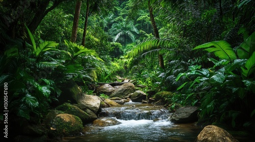 lush rainforest scene with rain trees towering over a small, winding river