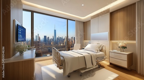 luxurious private hospital room with a panoramic city view, smart technology, and premium furnishings