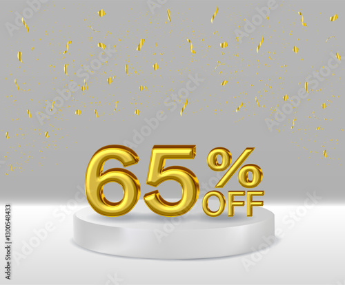 3D renders golden text 65% off podium with white background.
