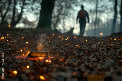 Close-up of a campsite with glowing embers from a recently extinguished fire in the foreground, as a hiker sets off on a trail in the background photo