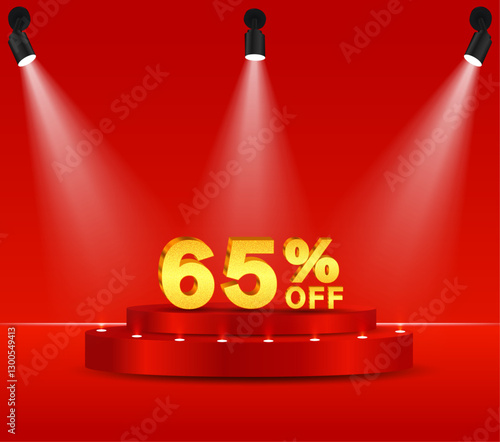 65% discount on gold. 3D golden numbers. Podium with red background and reflective lights.