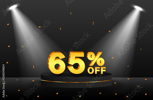 65% discount. Discount on creative composition. podium with golden confetti. Sale banner and poster. Vector illustration.