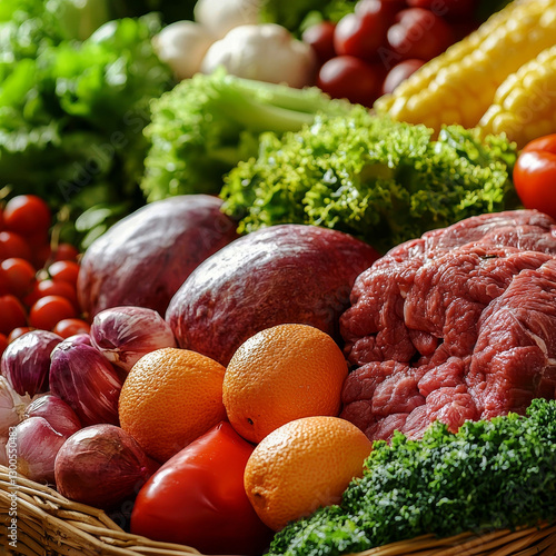 Fresh produce and raw meat: vibrant vegetables, fruits, and cuts of beef photo