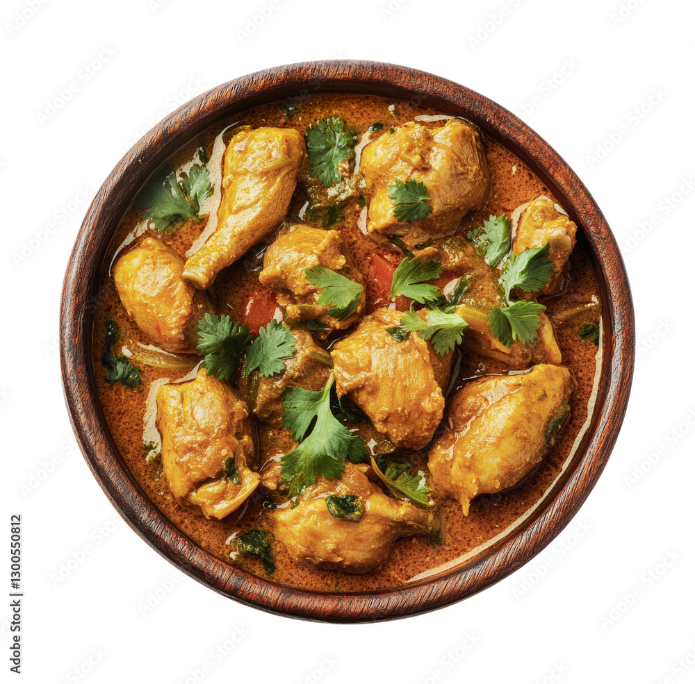 Delicious chicken curry dish served in a wooden bowl garnished with fresh cilantro and spices for a traditional meal experience, cut out Delicious chicken curry dish served in a wooden bowl garnished with fresh cilantro and spices for a traditional meal experience, cut out