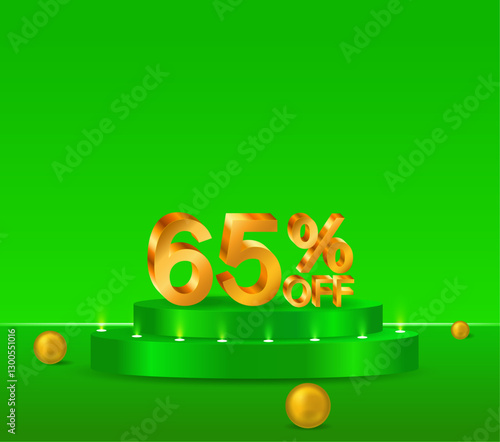 65% off shiny golden text vector in 3D style. podium with green background. golden spheres. marketing project