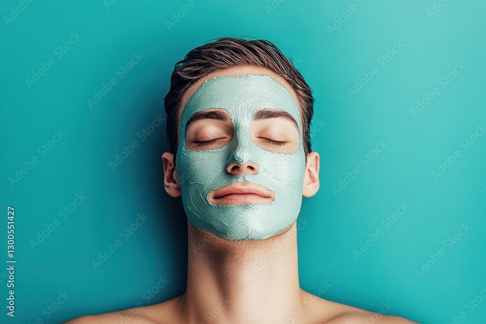 Young man relaxing with a green face mask on a teal background, promoting self-care and rejuvenation Young man relaxing with a green face mask on a teal background, promoting self-care and rejuvenation