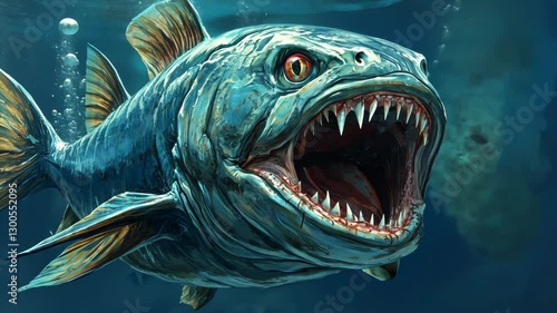 Vivid underwater depiction of a large predatory fish showing sharp teeth and an aggressive expression in a marine environment