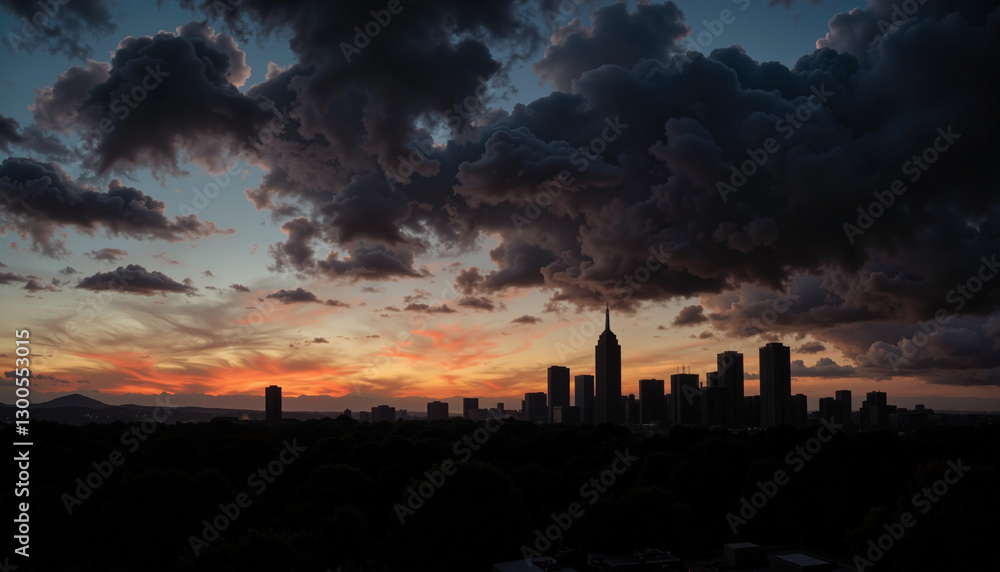 Obraz premium Dramatic Clouds Over City Skyline at Sunset, Urban Serenity, Easter